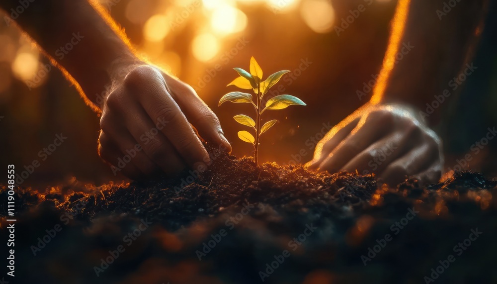 Fototapeta premium Person Planting Young Sapling in Dark Soil with Natural Light