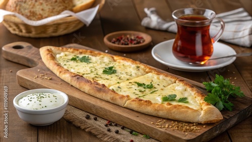Classic cheese pide served on a rustic wooden board with tea