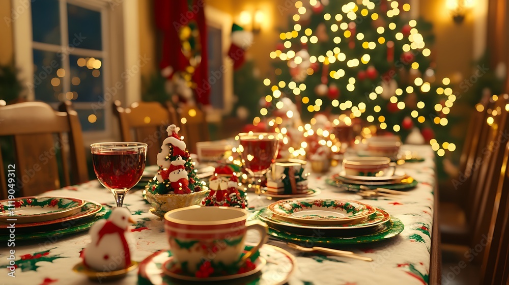 Festive Christmas Table Setting With Decorated Dishes Festive Christmas Table Setting With Decorated Dishes