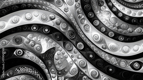 Metallic Silver Fractal Gosper Curve: Abstract Black and White Geometric Art photo