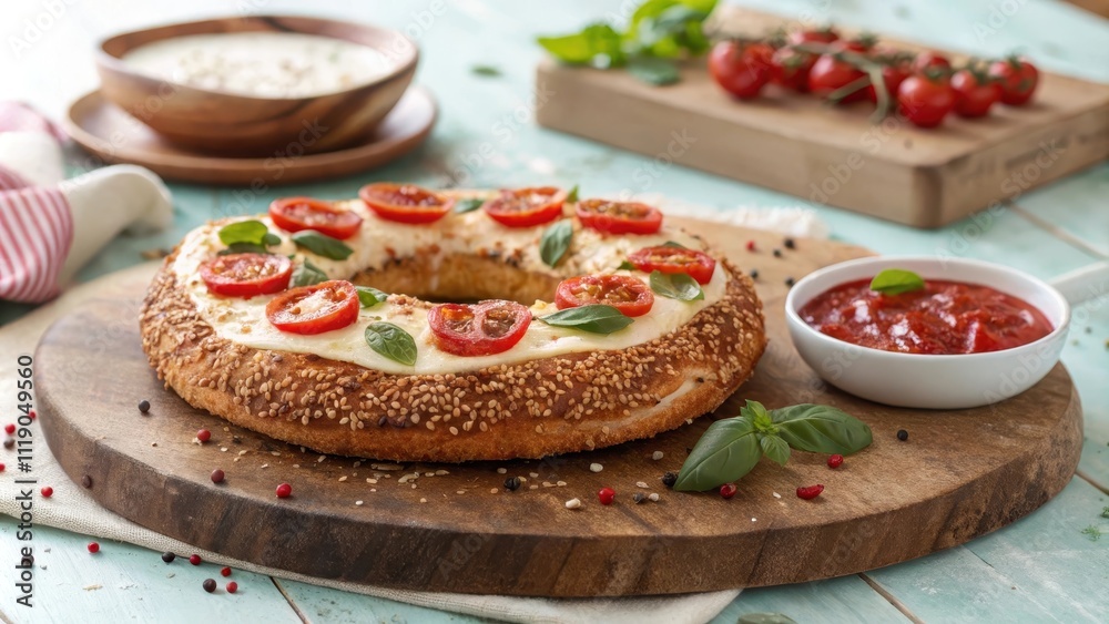 Creative fusion simit with fresh tomatoes and herbs on a wooden board Creative fusion simit with fresh tomatoes and herbs on a wooden board