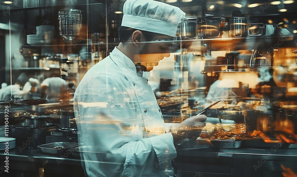 A chef in a busy kitchen, focused on preparing food amidst a bustling environment. A chef in a busy kitchen, focused on preparing food amidst a bustling environment.
