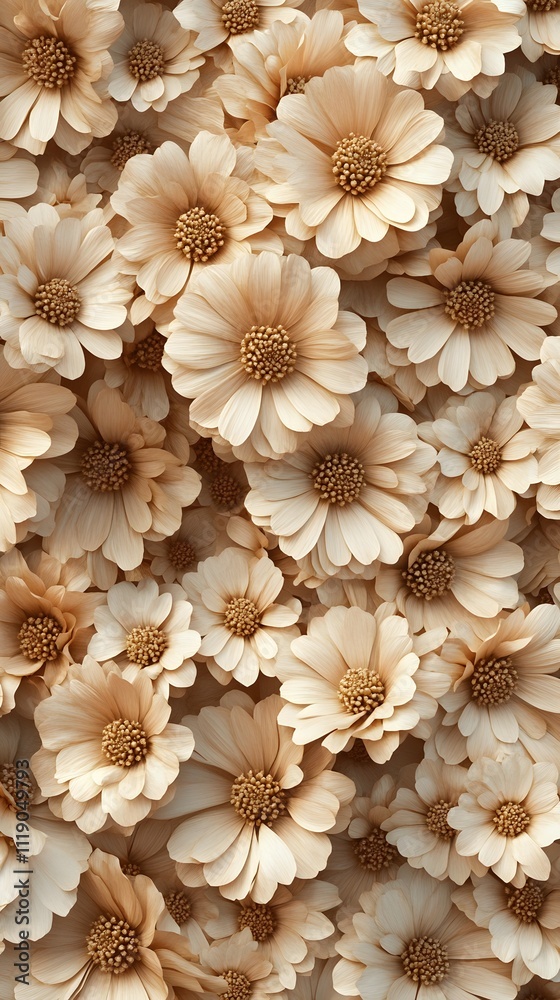 A close-up view of soft beige and white flowers creating a delicate floral pattern. A close-up view of soft beige and white flowers creating a delicate floral pattern.