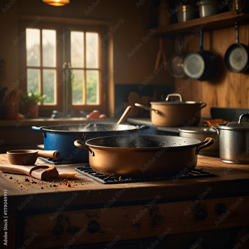 Rustic Kitchen Cooking Scene with Pots and Pans Rustic Kitchen Cooking Scene with Pots and Pans