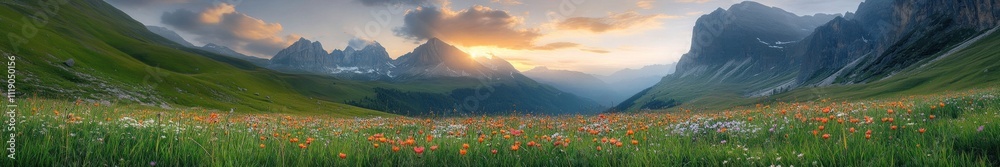 Fototapeta premium Mountain Meadow Sunset Wildflowers Blooming Landscape