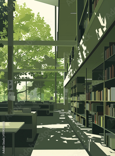 A modern, minimalist illustration for a popular book, depicting a spacious, bright library.