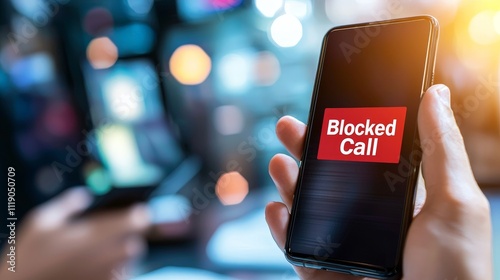 spam call block concept. Blocked call notification on a smartphone in a blurred background.