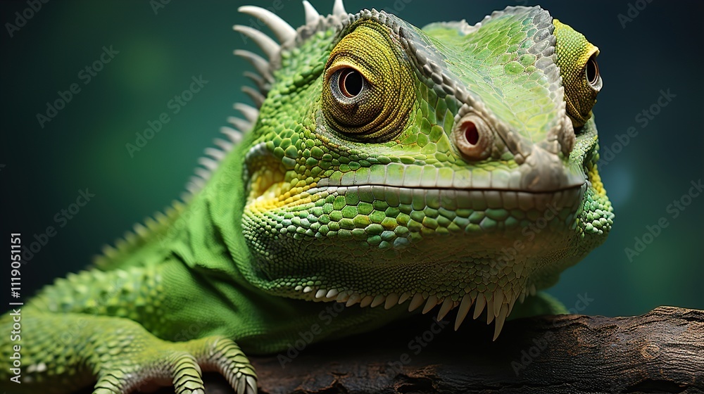Fototapeta premium Cute Chameleon on a Green Background with Space for Copy 