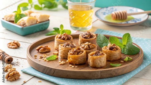 Vibrant Plate of Mini Walnut Baklava Bites with Mint and Honey photo