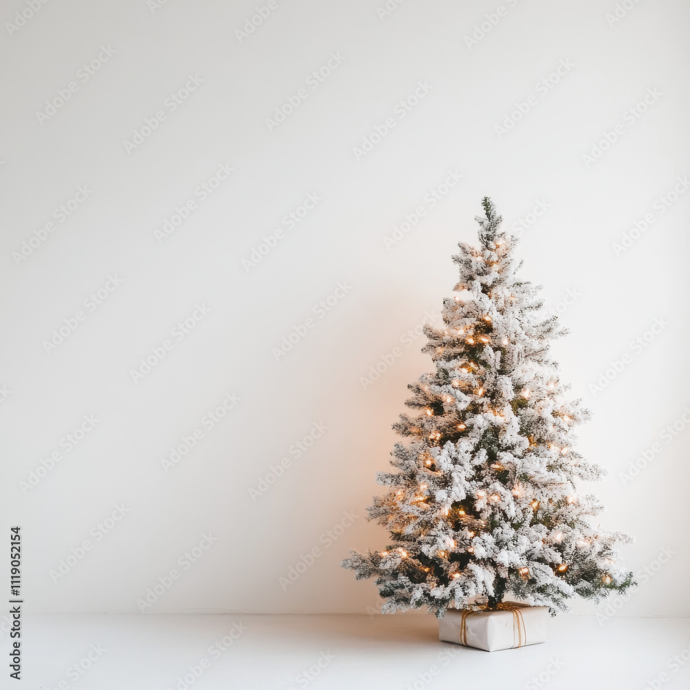 Minimalist Snow-Flocked Christmas Tree with Lights and Gift Minimalist Snow-Flocked Christmas Tree with Lights and Gift