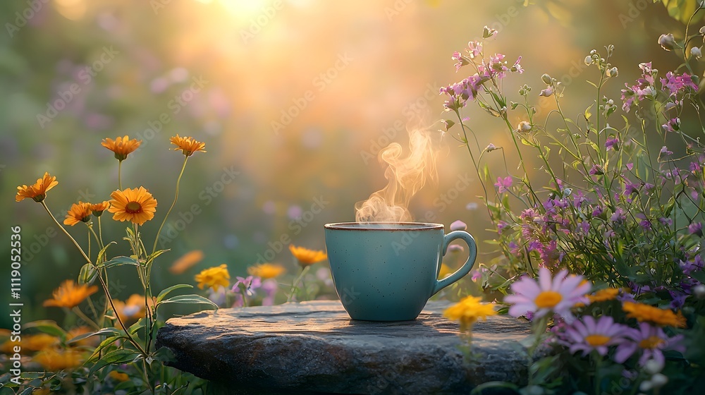 Enjoying a Warm Cup of Tea Amidst Vibrant Wildflowers in a Sunlit Garden Nature Photography Tranquil Atmosphere Enjoying a Warm Cup of Tea Amidst Vibrant Wildflowers in a Sunlit Garden Nature Photography Tranquil Atmosphere