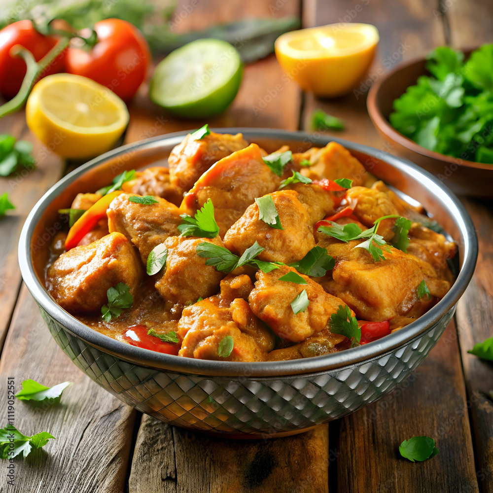 A bowl of chicken karahi, a flavorful Pakistani dish with tender chicken A bowl of chicken karahi, a flavorful Pakistani dish with tender chicken