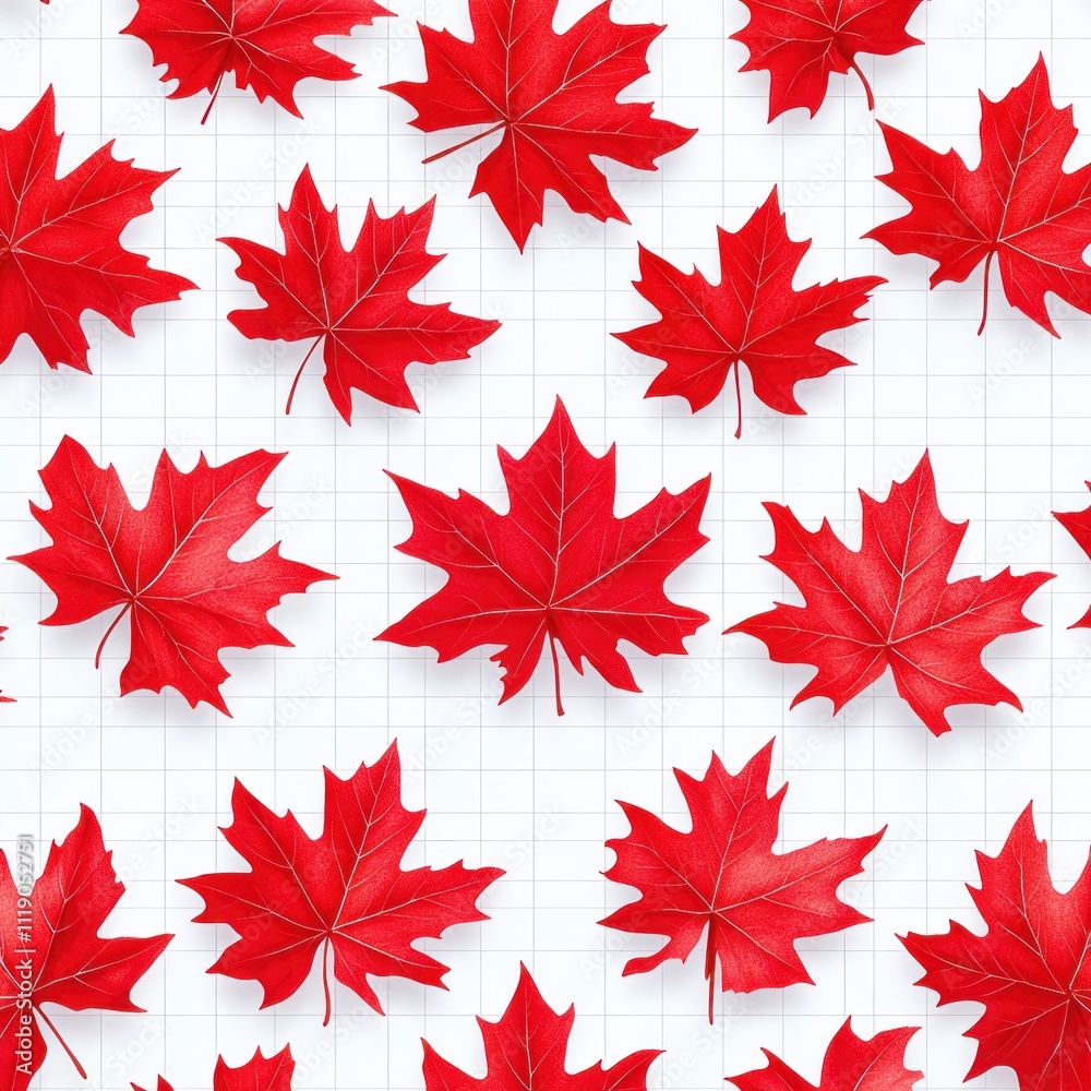 Seamless Maple Leaf Pattern Background with Red Leaves on White, Minimalist Design for Canadian Holidays and Celebrations Seamless Maple Leaf Pattern Background with Red Leaves on White, Minimalist Design for Canadian Holidays and Celebrations