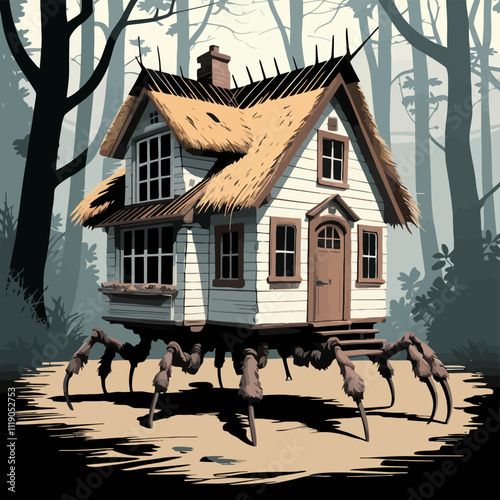 Creepy house on spider legs in a dark forest setting.