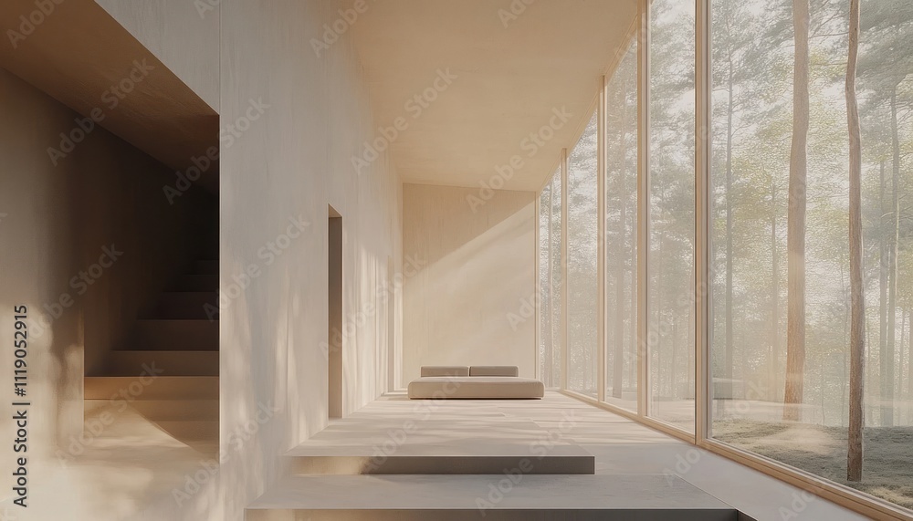 Minimalist Beige Interior Design Featuring Forest View Minimalist Beige Interior Design Featuring Forest View