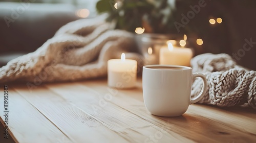 Blank mockup template of a coffee cup placed on a light wooden table, with cozy accents like candles and a knit throw nearby.