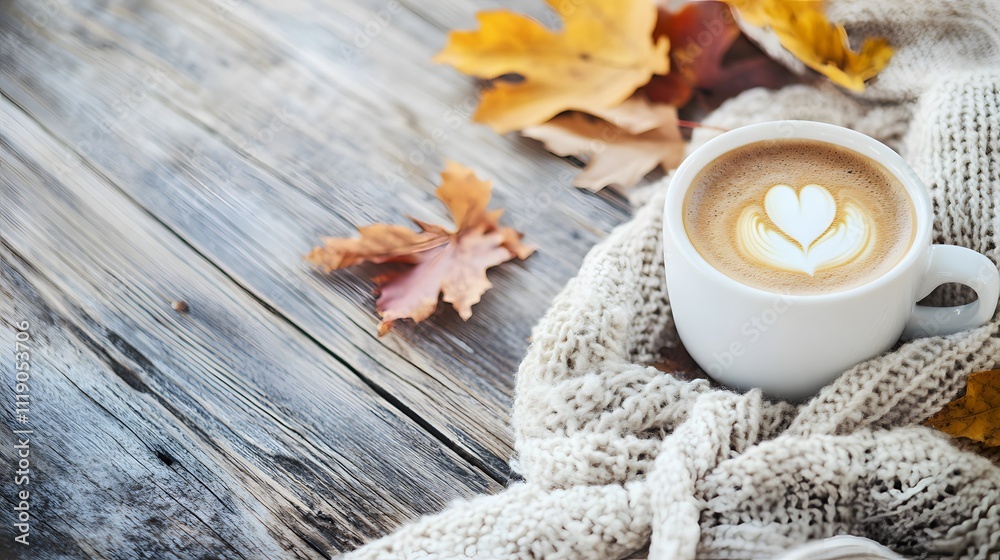 Blank mockup template of a coffee cup placed on a warm wooden table, with a soft scarf and cozy fall leaves nearby. Blank mockup template of a coffee cup placed on a warm wooden table, with a soft scarf and cozy fall leaves nearby.