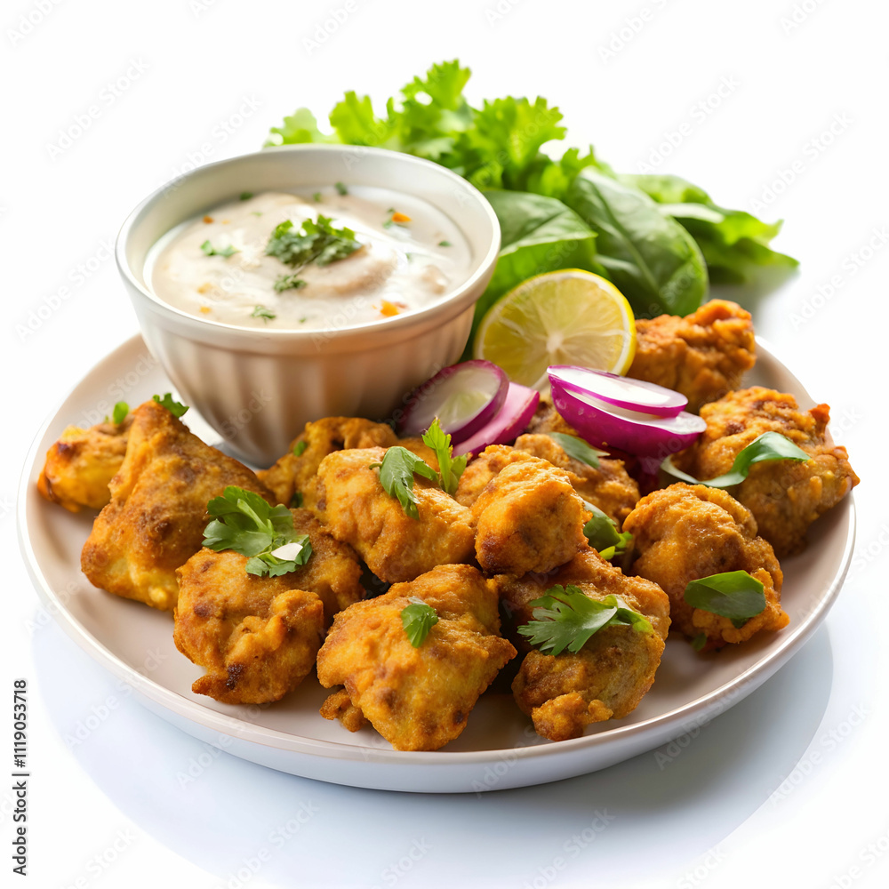 A plate of crispy chicken pakoras, golden-brown fritters made with seasoned chicken, A plate of crispy chicken pakoras, golden-brown fritters made with seasoned chicken,