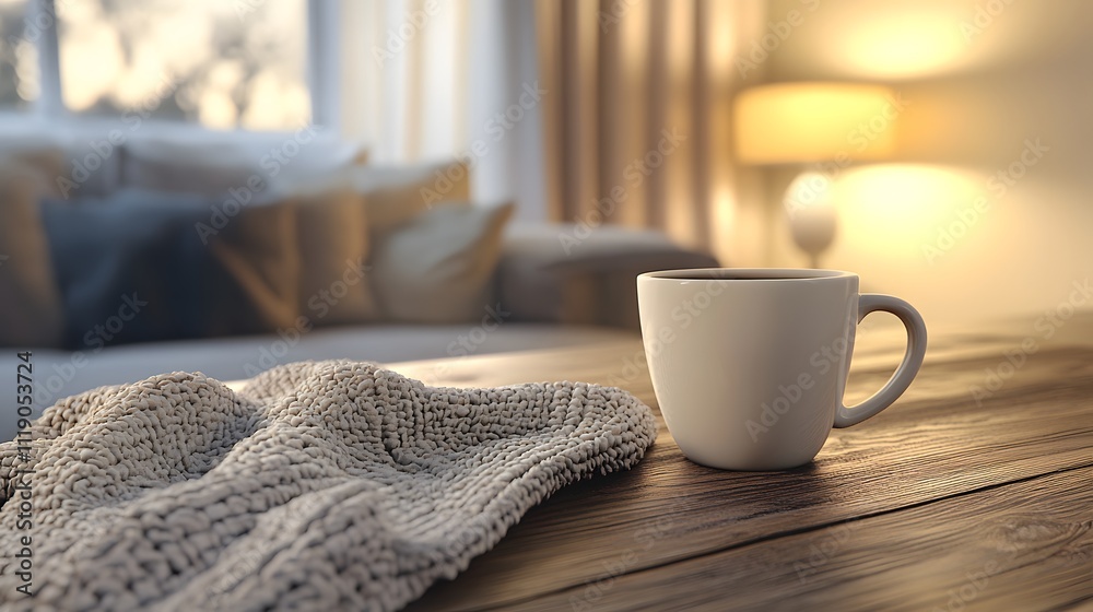 Blank mockup template of a matte coffee cup on a polished wooden table, with cozy textiles and a softly glowing lamp. Blank mockup template of a matte coffee cup on a polished wooden table, with cozy textiles and a softly glowing lamp.