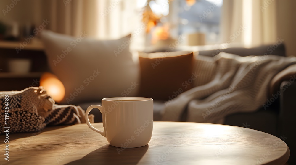 Blank mockup template of a coffee cup on a wooden table, surrounded by cozy home decor, pillows, and warm lighting. Blank mockup template of a coffee cup on a wooden table, surrounded by cozy home decor, pillows, and warm lighting.