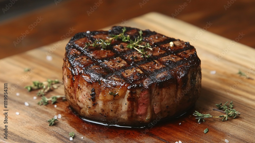 Grilled bacon-wrapped filet mignon steak on wooden board. Grilled bacon-wrapped filet mignon steak on wooden board.