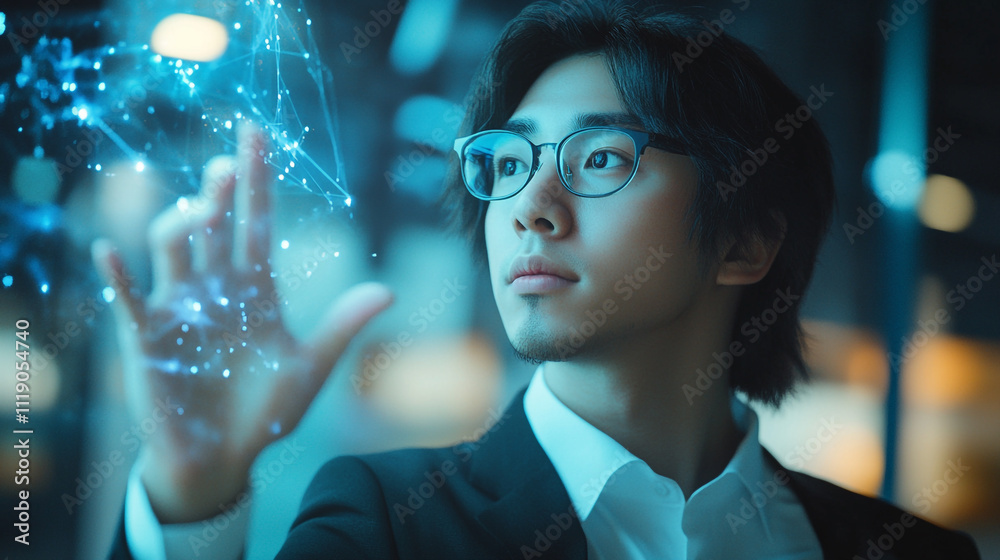 Young man interacts with virtual technology in a modern office setting in the evening Young man interacts with virtual technology in a modern office setting in the evening
