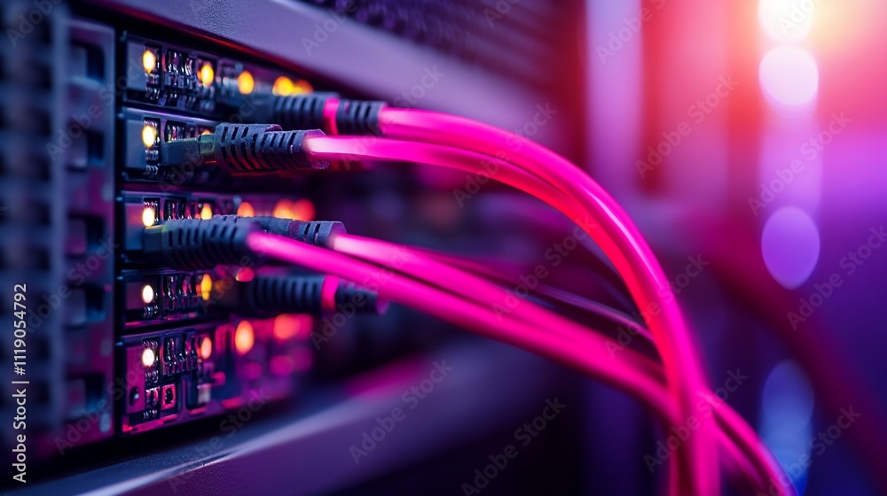 Pink fiber optic cables connected to server. Pink fiber optic cables connected to server.