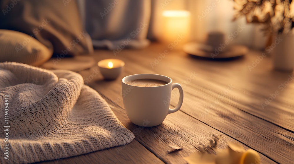 Blank mockup template of a matte coffee cup placed on a warm-toned wooden table, surrounded by soft textiles and a dim glow. Blank mockup template of a matte coffee cup placed on a warm-toned wooden table, surrounded by soft textiles and a dim glow.
