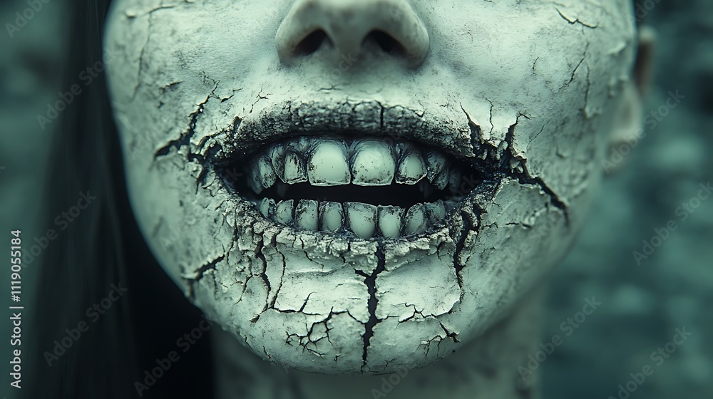 Naklejka premium Close-up of a cracked, decaying face with visible teeth.