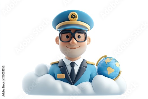 Wallpaper Mural A 3D icon of a pilot instructor portrait with a flight simulator, checklist, and globe, in a white and sky blue theme on a white background Torontodigital.ca