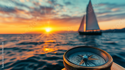 Sailing Towards the Horizon: A compass sits atop a wooden surface, its needle pointing towards a sailboat gliding across the ocean as the sun sets in the distance.
