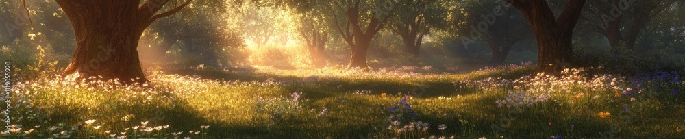 Obraz premium Golden Sunlight Illuminates a Flowery Forest Meadow