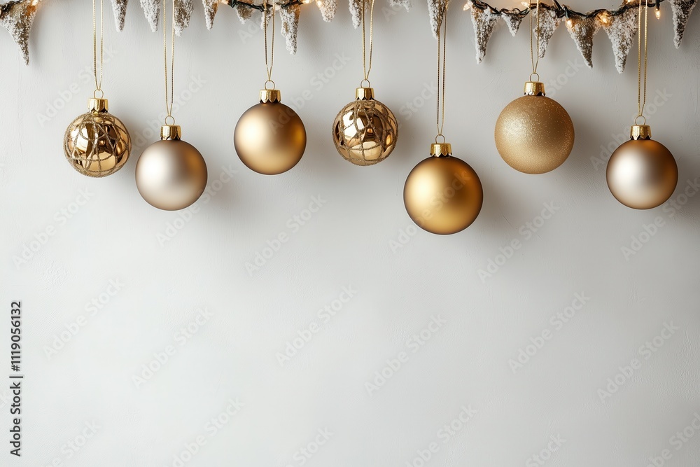 Decoração de natal com bolas suspensas em tons dourados, vermelhos e prateados, sobre fundo neutro, criada com IA generativa. Decoração de natal com bolas suspensas em tons dourados, vermelhos e prateados, sobre fundo neutro, criada com IA generativa.