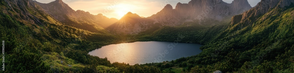 Obraz premium Majestic Mountain Lake Sunset Scene Awe Inspiring View