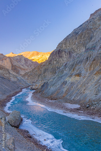 A portion of Indus River frozen from sides during winter months at Leh, Ladakh.
