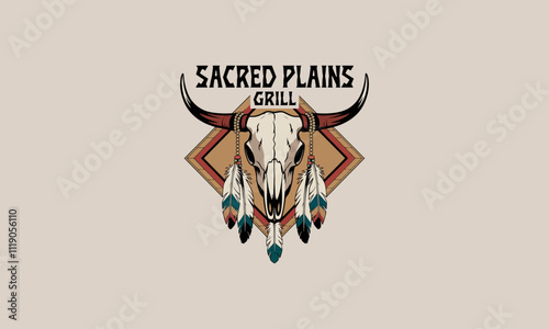 Buffalo skull with feathers for Sacred Plains Grill logo.