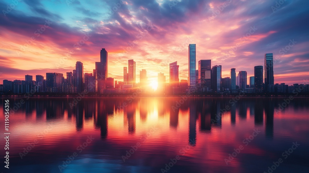 Obraz premium Vibrant sunrise over city skyline reflected in calm water.