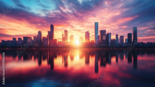 Wallpaper Mural Vibrant sunrise over city skyline reflected in calm water. Torontodigital.ca