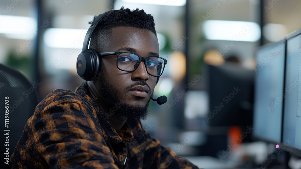 Obraz premium Focused male customer service representative working in a modern office environment