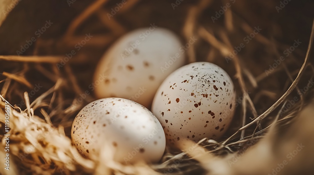 Three speckled bird eggs nestled in a cozy hay nest, bathed in soft sunlight. A delicate scene of nature's wonders. Three speckled bird eggs nestled in a cozy hay nest, bathed in soft sunlight. A delicate scene of nature's wonders.