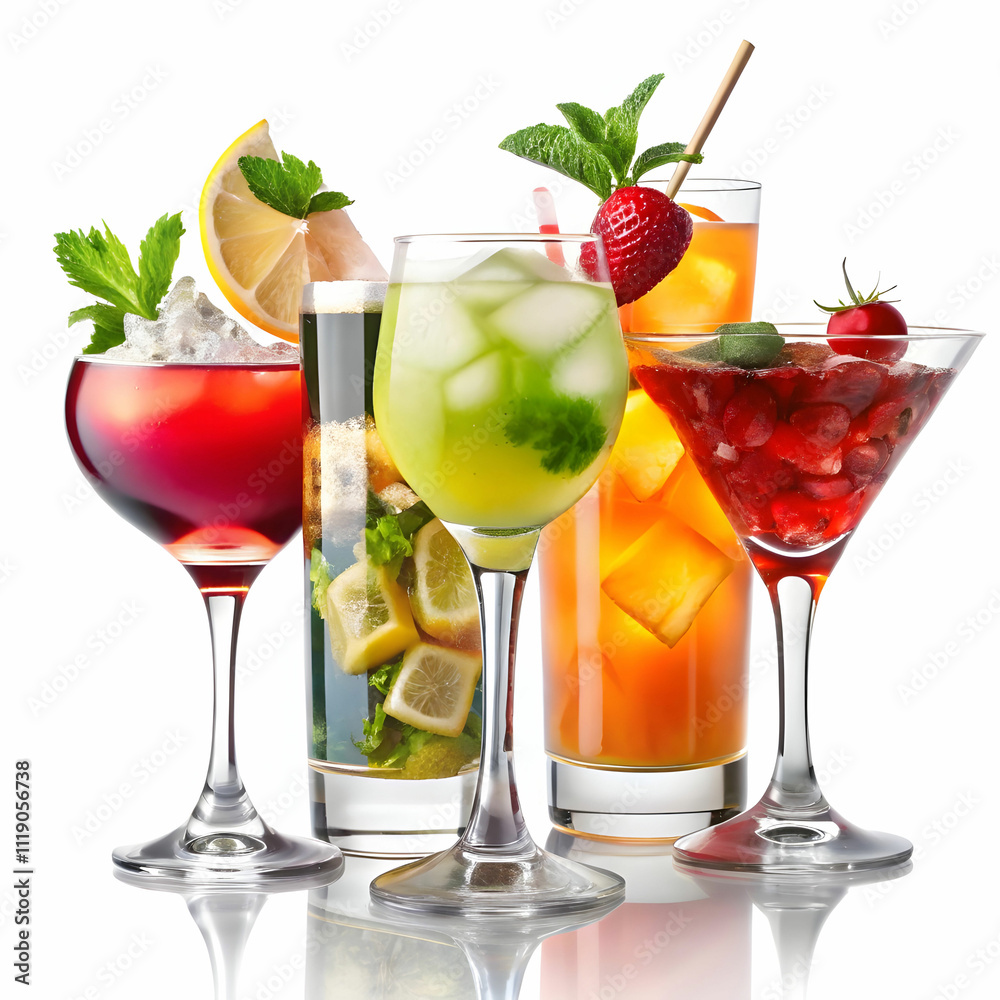 A set of colorful cocktails displayed at a restaurant bar A set of colorful cocktails displayed at a restaurant bar