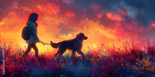 illustration of a woman walking her dog in the countryside at sunset