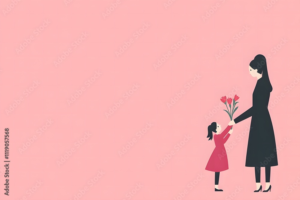 Heartwarming Illustration of a Mother and Daughter Sharing a Tender Moment with Flowers on a Soft Pink Background Heartwarming Illustration of a Mother and Daughter Sharing a Tender Moment with Flowers on a Soft Pink Background