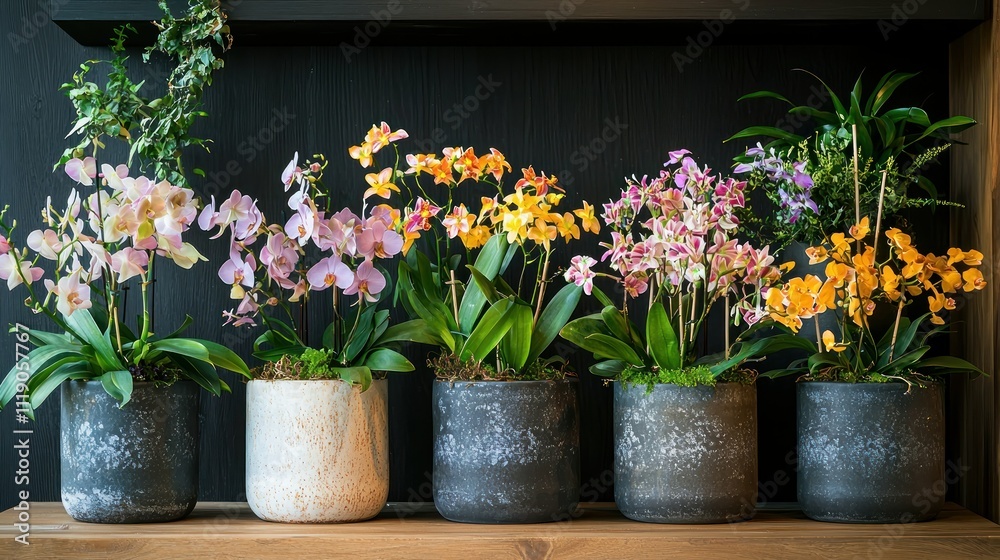 Vibrant succulents and orchids in stylish wall planters and raised garden beds indoor urban garden contemporary home decor Vibrant succulents and orchids in stylish wall planters and raised garden beds indoor urban garden contemporary home decor