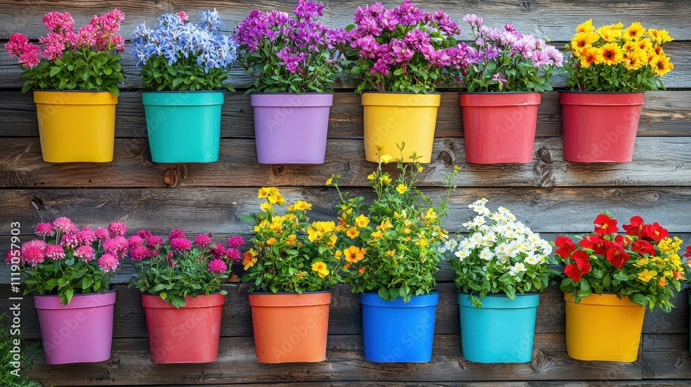 Vibrant wall planters with succulents and bright spring flowers in a raised garden bed outdoor garden setting Vibrant wall planters with succulents and bright spring flowers in a raised garden bed outdoor garden setting