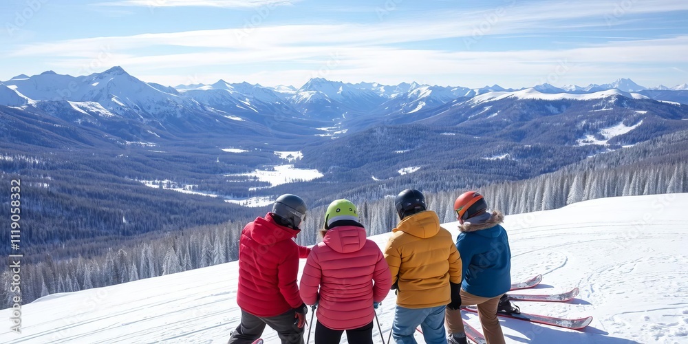 Fototapeta premium Group of friends enjoying a day of skiing in the picturesque Chic-Chocs mountains in Quebec, Canada under a clear blue sky, skiing, Canada