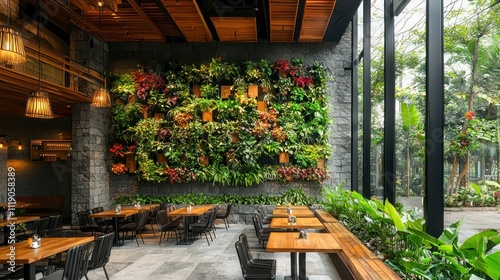 Lush wall planters and raised garden bed decor in outdoor restaurant enriching the garden atmosphere with succulents