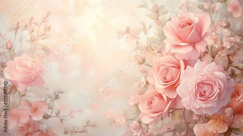 Romantic Floral Arrangement with Pink Roses and Delicate Flowers in Soft Pastel Watercolor Style