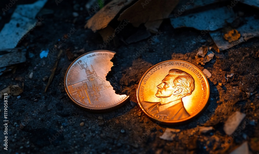 Two damaged gold coins on ground. Two damaged gold coins on ground.