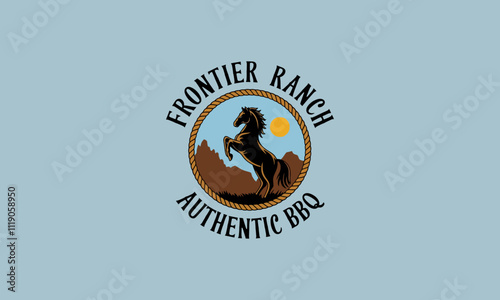 Horse rearing logo for Frontier Ranch Authentic BBQ.